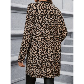 Plus Size Leopard Print Mid-Length Cardigan, Loose & Figure-Flattering Women's Top, Versatile Retro Wild-Style Long-Sleeve Coat For Daily Commute, Parties, Outings, Womens Plus Size Clearance, Christmas