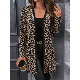 Plus Size Leopard Print Mid-Length Cardigan, Loose & Figure-Flattering Women's Top, Versatile Retro Wild-Style Long-Sleeve Coat For Daily Commute, Parties, Outings, Womens Plus Size Clearance, Christmas