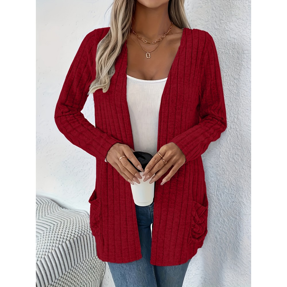 Women'S Elegant Solid Color Cardigan with Pockets - Long Sleeve, Crew Neck, Ribbed Knit Open Front Sweater for Spring & Fall, Plus Size Friendly, Sweater Front Opening | Ribbed Texture Design | Open front cardigan, Sweater Cardiga