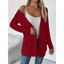 Women'S Elegant Solid Color Cardigan with Pockets - Long Sleeve, Crew Neck, Ribbed Knit Open Front Sweater for Spring & Fall, Plus Size Friendly, Sweater Front Opening | Ribbed Texture Design | Open front cardigan, Sweater Cardiga