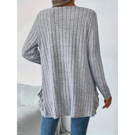 Women'S Elegant Solid Color Cardigan with Pockets - Long Sleeve, Crew Neck, Ribbed Knit Open Front Sweater for Spring & Fall, Plus Size Friendly, Sweater Front Opening | Ribbed Texture Design | Open front cardigan, Sweater Cardiga