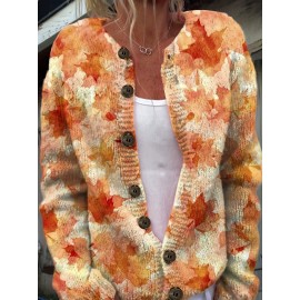 Plus Size - Plus Size, Women'S Plus Size Lightweight Floral Print Cardigan - Vibrant Orange & Yellow All-Over Flower Pattern, Elegant Round Neck Long Sleeve Sweater Coat, Non-Stretch Fabric Fall Winter Outerwear for Casual to Formal Wear