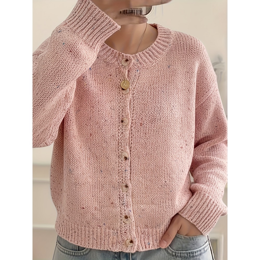 Plus Size, Women's Elegant Solid Color Round Neck Blouse - Loose Fit Long Sleeve Button-Front Jacket, Spring/Autumn Outerwear, Machine Washable Casual to Dressy Swe Coat ( Special Line)