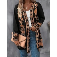 Plus Size - Women'S Plus Size Bohemian Floral Print Cardigan - Lightweight Open Front Long Sleeve Sweater Coat, Soft Machine-Washable Black & White Layering Jacket with Boat Neck, Elegant Casual Spring/Fall Outerwear for Women