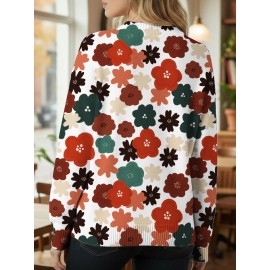 Plus Size - Plus Size, Plus Size Women'S Red & Green Floral Print Christmas Cardigan Sweater - All-Over Floral Pattern with Elastic Button Front, Round Neck & Umbrella Hem, Cozy Long Sleeve Winter Coat for Holiday Parties, Casual Elegant Outerwear