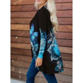 Plus Size, Women's Plus Size Elegant Cardigan Jacket - Flower & Butterfly Print Blouse, Machine Washable Winter Warm Long Sleeve Sweater Top, Casual Daily Outerwear for Layering (No Buttons/Collar)