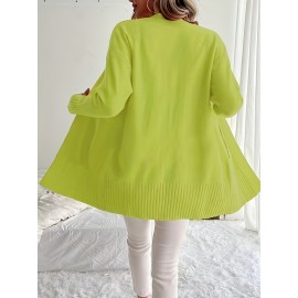 Elegant Oversized Long Sleeve Cardigan for Women - Solid Color, Medium Stretch, with Pockets, Fall/Winter Fashion, Plus Size, Pink