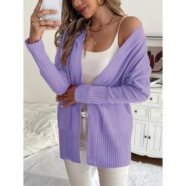 Elegant Oversized Long Sleeve Cardigan for Women - Solid Color, Medium Stretch, with Pockets, Fall/Winter Fashion, Plus Size, Pink
