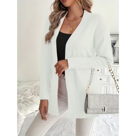 Elegant Oversized Long Sleeve Cardigan for Women - Solid Color, Medium Stretch, with Pockets, Fall/Winter Fashion, Plus Size, Pink