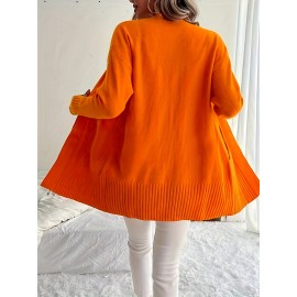 Elegant Oversized Long Sleeve Cardigan for Women - Solid Color, Medium Stretch, with Pockets, Fall/Winter Fashion, Plus Size, Pink