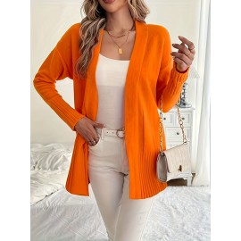 Elegant Oversized Long Sleeve Cardigan for Women - Solid Color, Medium Stretch, with Pockets, Fall/Winter Fashion, Plus Size, Pink