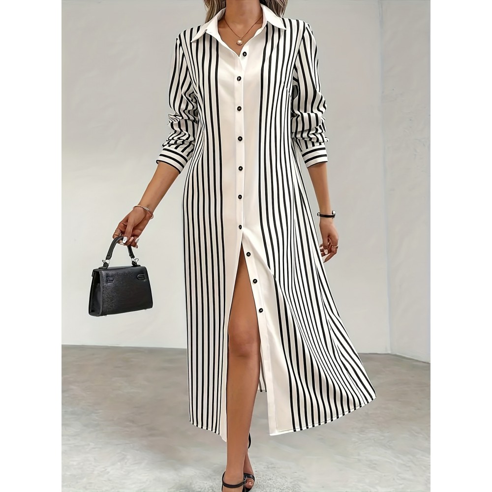 Women's Elegant A-Line Dress with Striped Cardigan & Mid-Length Dress - Asymmetrical Hem, Collar, Loose Fit, A-Line Silhouette, Straight Sleeve Cardigan for Spring/Autumn Wear, Machine Washable Dress Suitable for, Semi-Formal Events