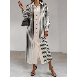 Women's Elegant A-Line Dress with Striped Cardigan & Mid-Length Dress - Asymmetrical Hem, Collar, Loose Fit, A-Line Silhouette, Straight Sleeve Cardigan for Spring/Autumn Wear, Machine Washable Dress Suitable for, Semi-Formal Events