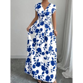 Elegant Pink Floral Maxi Dress with V-Neck and Short Sleeves - Flowing A-Line Silhouette, Cinched Waist, Perfect for Spring/Fall, Casual to Formal Wear, Casual Elegant Wear | Floral Print Dress | Cinched Waist Design