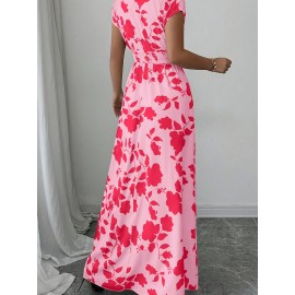 Elegant Pink Floral Maxi Dress with V-Neck and Short Sleeves - Flowing A-Line Silhouette, Cinched Waist, Perfect for Spring/Fall, Casual to Formal Wear, Casual Elegant Wear | Floral Print Dress | Cinched Waist Design