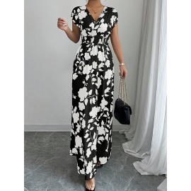 Elegant Pink Floral Maxi Dress with V-Neck and Short Sleeves - Flowing A-Line Silhouette, Cinched Waist, Perfect for Spring/Fall, Casual to Formal Wear, Casual Elegant Wear | Floral Print Dress | Cinched Waist Design