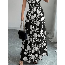 Elegant Pink Floral Maxi Dress with V-Neck and Short Sleeves - Flowing A-Line Silhouette, Cinched Waist, Perfect for Spring/Fall, Casual to Formal Wear, Casual Elegant Wear | Floral Print Dress | Cinched Waist Design