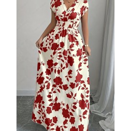 Elegant Pink Floral Maxi Dress with V-Neck and Short Sleeves - Flowing A-Line Silhouette, Cinched Waist, Perfect for Spring/Fall, Casual to Formal Wear, Casual Elegant Wear | Floral Print Dress | Cinched Waist Design