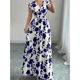 Elegant Pink Floral Maxi Dress with V-Neck and Short Sleeves - Flowing A-Line Silhouette, Cinched Waist, Perfect for Spring/Fall, Casual to Formal Wear, Casual Elegant Wear | Floral Print Dress | Cinched Waist Design