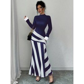 Women's Elegant High Neck Striped Bodycon Fish Tail Dress - Machine Washable Medium Stretch Midi Dress for Spring/Fall, Office & Casual Wear