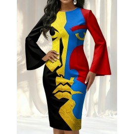 Bohemian 3D Floral & Geometric Print Pencil Skirt - A-Line Midi Length Long Sleeve-like Fit (No Waistband) Round Neck Short Dress Skirt for to Party Outfits, Psychedelic 60s/70s Style (Hand Wash/Dry Clean)