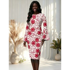 Bohemian 3D Art Print Pencil Skirt - A-Line Slim Fit Mid-Length with, Psychedelic Hippie Patterns (Floral/Geometric/Stripes) for Festival, Party, Office - Non-Stretch Round neck Skirt