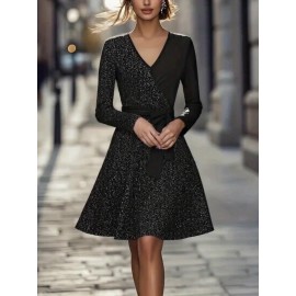 Women'S Elegant Sparkling Sequin V-Neck Long Sleeve Mini Dress - Luxurious Party & Formal Evening Gown with Waist Tie Belt, Shiny Red/Black/Black Sequin Dress for Autumn/Winter, Spring/Summer/Fall Events, Prom, Gala, Everyday Outfits - Comfortable &