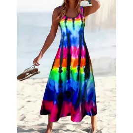 [Tie-Dye Beach Dress] Vibrant Tie-Dye Print Women's Sleeveless Dress | Lightweight Breathable Round Neck, Machine Washable, Spring Summer Beach Vacation Casual Outfit - Blue Yellow Pink Purple on Black Background Fabric