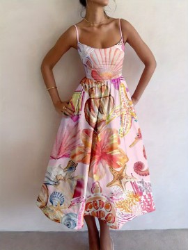 Artistic Floral Pattern Printed Dress | Unique Design with Delicate Straps, Crew Neck, Suitable for All Seasons