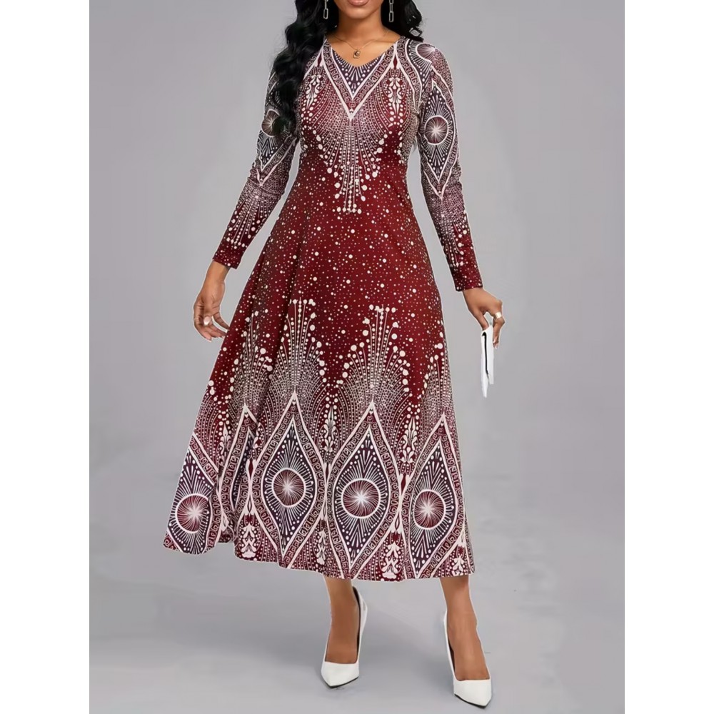 1pc Women'S Wine Red Geometric Print V-Neck Long Sleeve A-Line Midi Dress - Vintage Elegant for party & Evening Dress with Burgundy & Golden Pattern, Fall/Winter Formal Occasion Dress for Women, Structured Fit & Flowing Silhouette