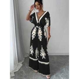 Women's Elegant V-Neck Short Sleeve Jumpsuit with Cinched Waist & Pleated Pants - Loose Fit Wedding Guest Outfit, Summer Party Suit, Machine Washable All-Season Attire