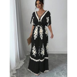 Women's Elegant V-Neck Short Sleeve Jumpsuit with Cinched Waist & Pleated Pants - Loose Fit Wedding Guest Outfit, Summer Party Suit, Machine Washable All-Season Attire