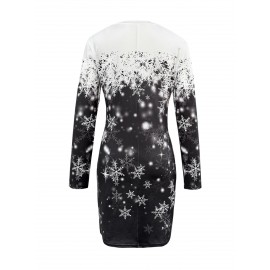 Women's Elegant Winter Dress with Snowflake Pattern - Slim-Fit Curve-Hiding Long Sleeve Party & Commuting Dress, Round Neck Machine Washable Christmas Attire for, Weddings, New Year's Events (Autumn/Winter)