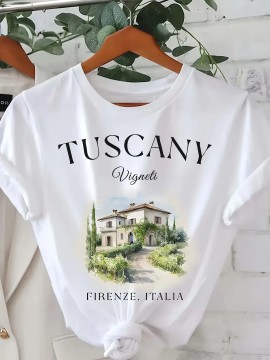 Women'S Italian Travel Graphic T-Shirt - Tuscany Vignetis Firenze Italy Vintage Poster Design - White Crew Neck Top - Stretchy Fabric for Everyday & Vacation Outfits - Plus Size Friendly Casual Shirt, Summer Fashion, Artistic Print, Comfortable Fit, Short Sleeve Tee, Summer Wardrobe, Spring Fashion, Breathable Material, Printed Tee, Fashion Lovers