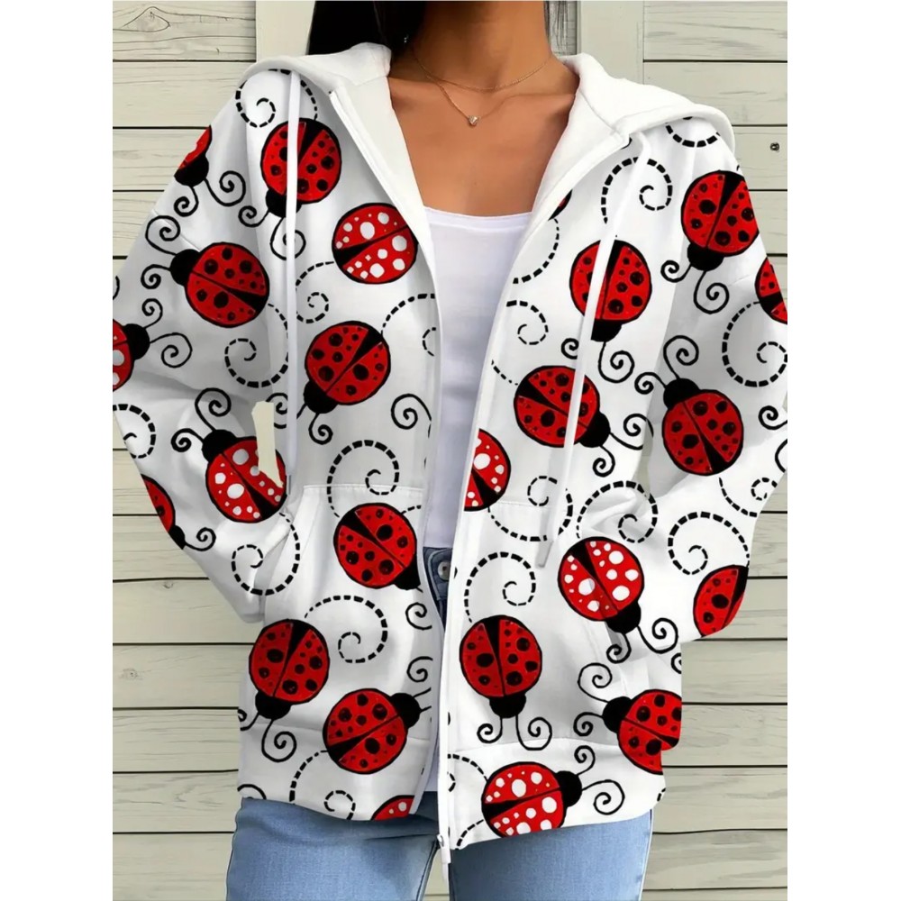 Plus Size Women's Red 3D Ladybug Zip-Up Hooded Jacket - Full-Body Print Retro H-Line Loose Fit Sweatshirt with Front Zipper & Umbrella Hem, Cozy Fall/Winter Outerwear (Machine Washable)