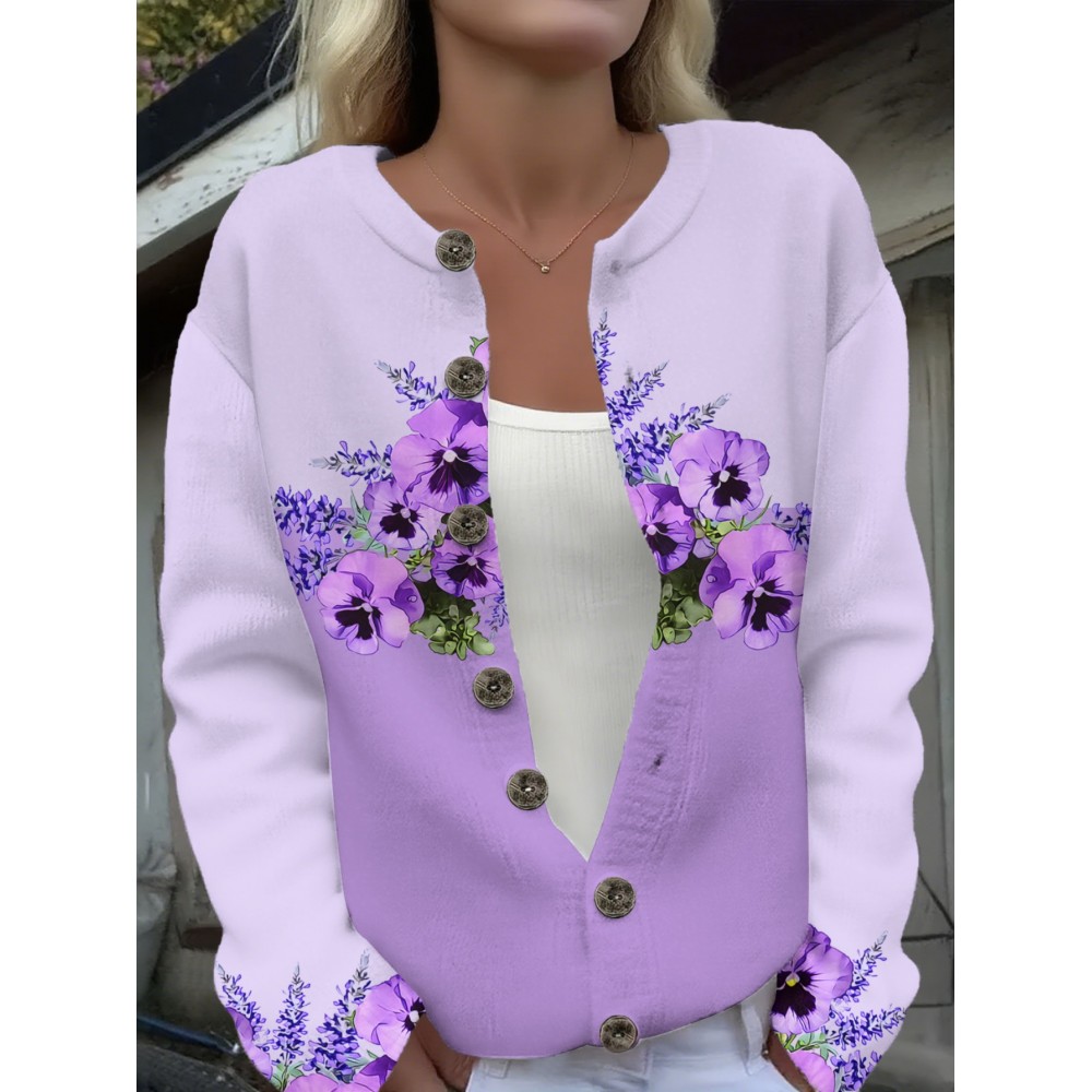 Plus-Size Women's Oversized 3D Floral Cardigan Sweater - Soft Stretchy Button-Front Closure, Machine Washable Round Neck Blouse for Spring/Autumn Layering, Casual Outerwear (No dryer)