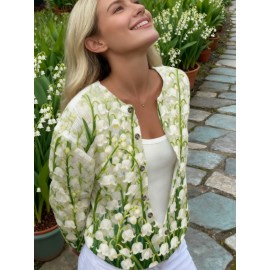 Plus Size Oversized Chunky Cardigan - Winter Warm White Lily & Lily-of-the-Valley Floral Print Jacket, Green Button-Front Sweater Coat, Machine Washable Casual Outerwear for Fall/Winter Layering (No Belt/Tie)