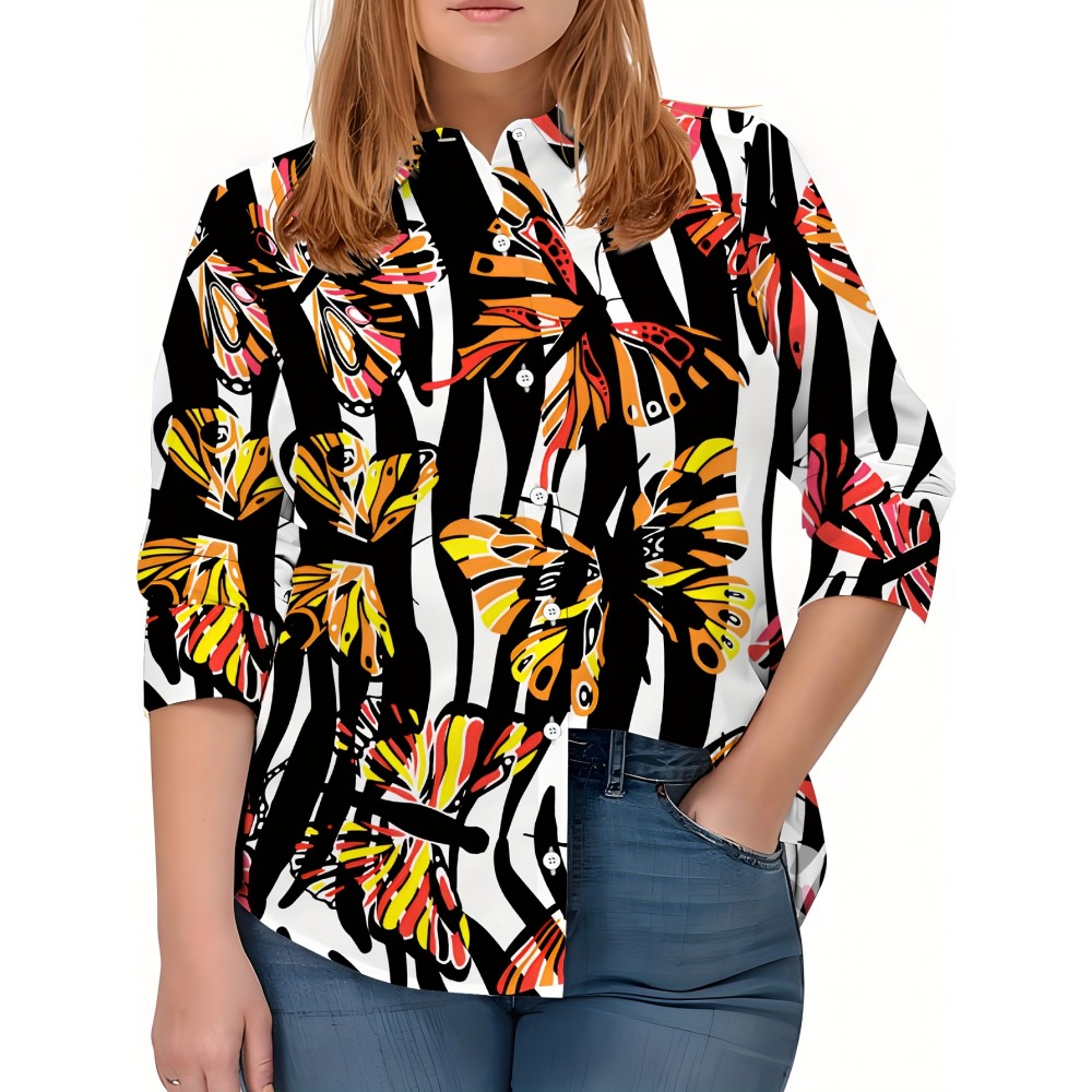 Plus Size Women'S Long Sleeve Butterfly Print Blouse | Black & White Contrast 3D Floral Design, Soft Comfortable Light Beige-Friendly Fabric, Casual Button-Up Shirt for Spring & Fall, Versatile Layering Piece, Allseason Blouse, Floral Print Top
