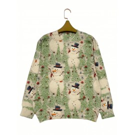 Women's Lightweight Winter Sweater - Full Snowman Print (Snowmen, Pine Trees, Holly) Long Sleeve Round Neck Sweater Coat Jacket-like | Machine Washable Cozy -Like Top for Christmas Parties, Casual Outfits & Holiday Events (No Belt