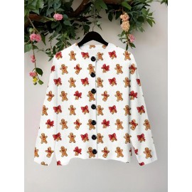 Women's Plus Size Gingerbread Men & Bows Cardigan Sweater - Cozy Stretchy Button-Front Closure, Long Sleeve Winter Sweaters with Gingerbread Print, Christmas Party Outfits, Casual to Semi-Formal Wear, Loose Fit Round Neck