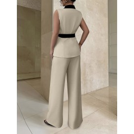 Women's Elegant Blazer & Wide-Leg Pants Set - Sleeveless Jacket with Belt, High-Waisted Trousers, Spring/Summer, Office or Casual, Formal Attire, Sleek Design