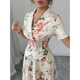 Printed Short Sleeve Pleated A-Line Elegant Romantic Women Suit Set