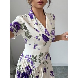 Printed Short Sleeve Pleated A-Line Elegant Romantic Women Suit Set