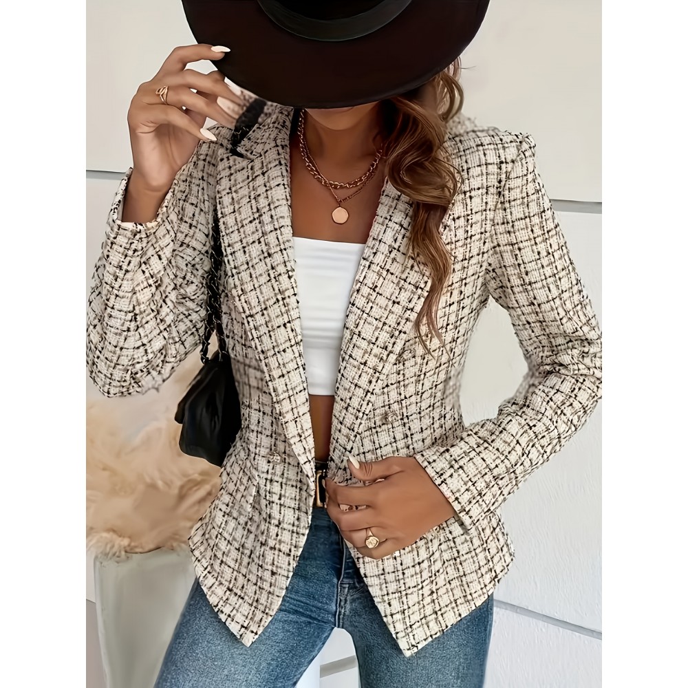 Women'S Elegant Blazer Jacket - Loose Fit Long Sleeve Button-Front Coat, & Brown Checkered Pattern, Structured Non-Stretch Fabric for Professional Casual Wear, Fall/Winter Office & Party Outerwear, Ladies Blazers