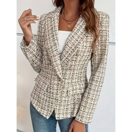 Women'S Elegant Blazer Jacket - Loose Fit Long Sleeve Button-Front Coat, & Brown Checkered Pattern, Structured Non-Stretch Fabric for Professional Casual Wear, Fall/Winter Office & Party Outerwear, Ladies Blazers