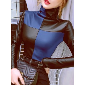 Women's Elegant -like Stretch Turtleneck Blazer Jacket-Like Top - Burgundy/Black/White/Gray Color Block H-Line Silhouette, Long Sleeve Shirt for Daily & Party Wear, Spring Summer Fall (No Chest Padding, Non-)