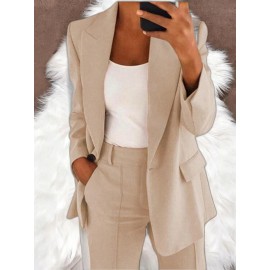 Women Fashion Solid Color Long Sleeve Pocket Outerwear Loose Cardigan Coat | Ladies Bubble Jacket Everyday & Formal Outfits Front Open Spring/Fall Outerwear Outfits Clothes Coat Tops OL Suits Essential, Chic Style, Material