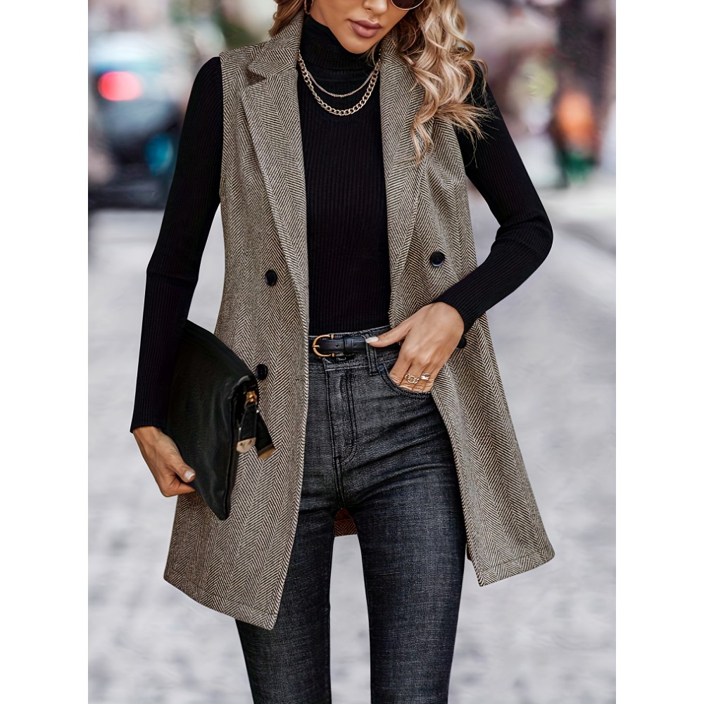 Women'S Herringbone Pattern Double-Breasted Lapel Vest Suit Jacket - Sleeveless H-Line Silhouette with Structured Lapel Collar, Beltless Waist & Knee-Length Design for Spring Summer Fall, Casual to Semi-Formal Outfits - Versatile Outerwear for Jeans to Dresses (No Belt Included)