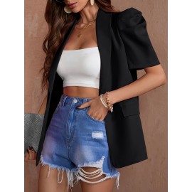 Women'S Chic Beige Lantern Sleeve Blazer - Short Sleeve, Double-Breasted Jacket with Faux Pockets, Casual Yet Elegant Polyester Outerwear for Spring & Summe