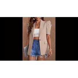 Women'S Chic Beige Lantern Sleeve Blazer - Short Sleeve, Double-Breasted Jacket with Faux Pockets, Casual Yet Elegant Polyester Outerwear for Spring & Summe